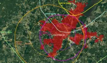 Map showing the 70, 60 and 45 dBu contours of WRTM-FM and the 60 and 70 dBu contours of two translators serving Jackson, Mississippi.